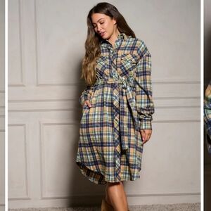 WOMEN'S LONG SLEEVE BUTTON UP SELF TIE PLAID MIDI DRESS